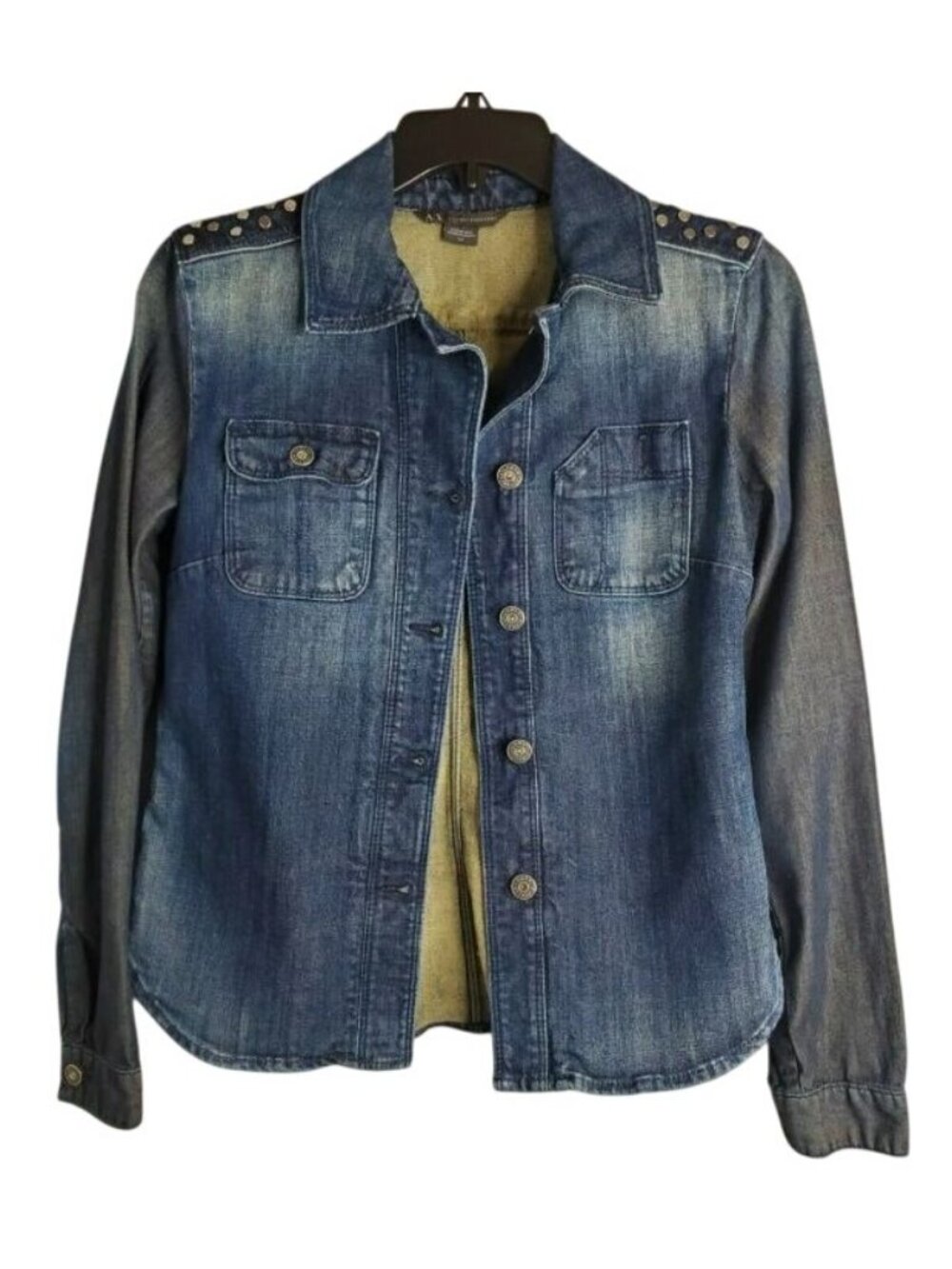 Armani Exchange Women's Blue Denim Studded Long Sleeve Shirt Size XS/TP - Picture 2 of 13